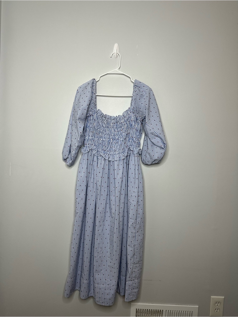 Maeve Light Blue & White Striped Smocked Dress with Red Dot Detail Anthropologie